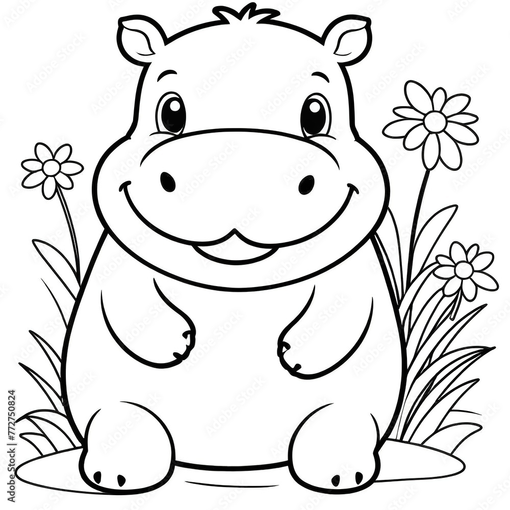 Fototapeta premium the cute hippo has flowers in its mouth