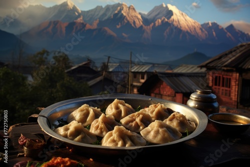Nepalese momos with a backdrop of a Himalayan mountain village.