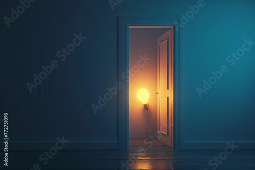 A glowing lightbulb behind a door in an empty room