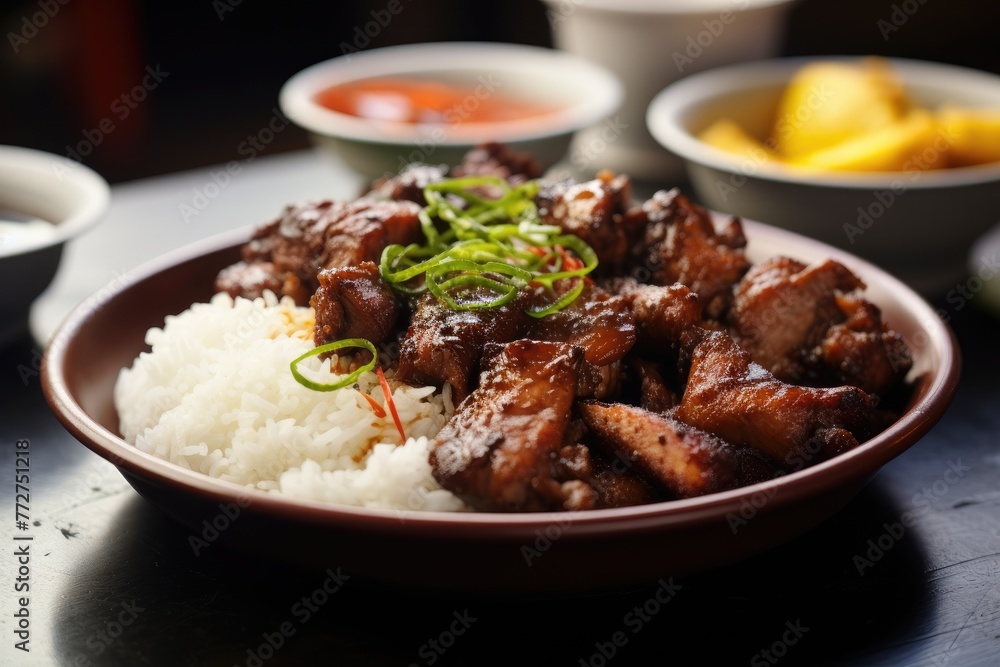 Filipino adobo with a view of a lively Manila neighborhood.