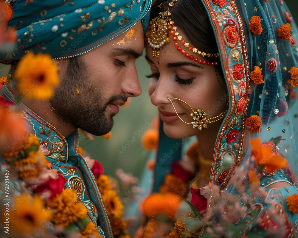 Indian wedding ceremony. Happy Indian couple, wedding and smile of love, compassion or romance along with care and joy.
