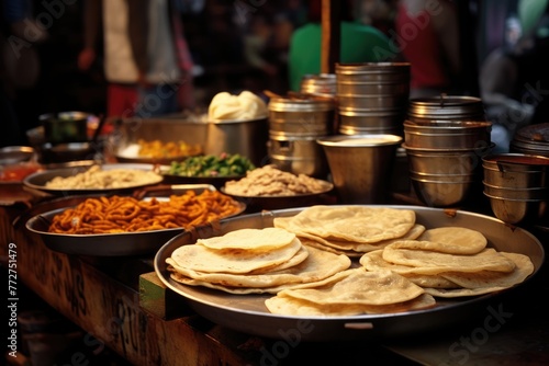 Indian dosas arranged on a vibrant market street in a traditional village.