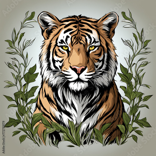 Tiger head with leaves. Vector illustration for t-shirt design.