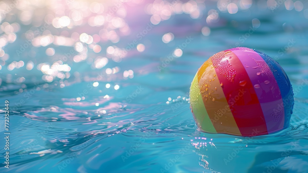 Colorful inflatable ball floating in swimming pool with bokeh background