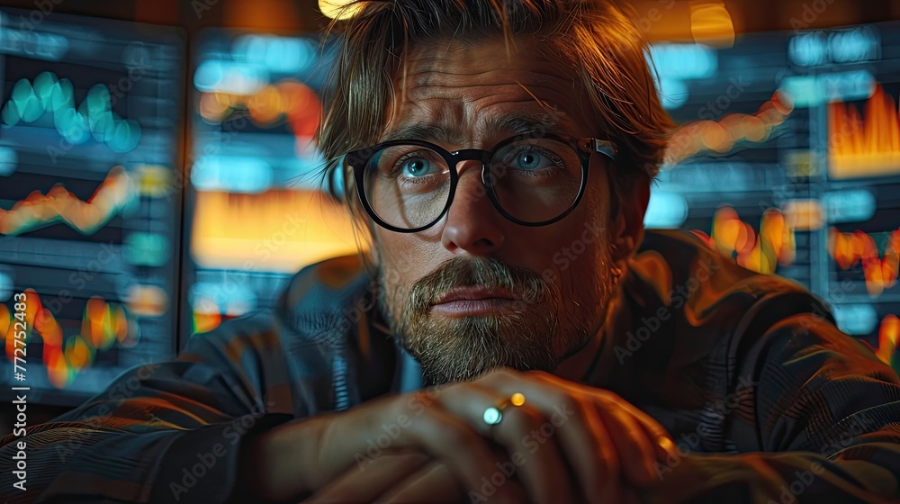 Financial analyst reviewing market data on multiple screens in an office Financial analyst reviewing market data on multiple screens in an office