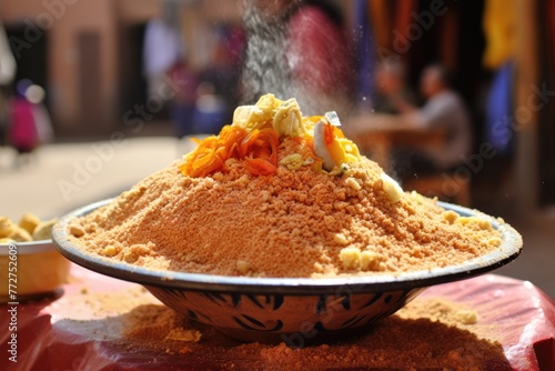 Moroccan couscous on a bustling Marrakech street.