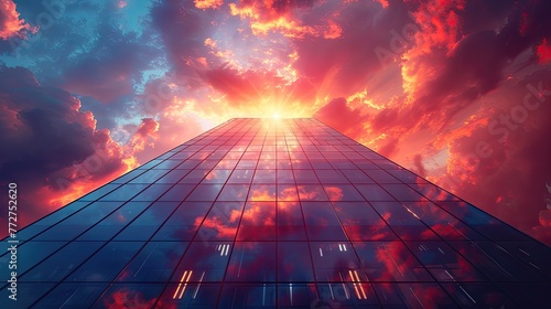 High-rise office building at sunset, modern architecture, glass faÃ§ade reflecting golden hour photo