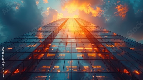 High-rise office building at sunset, modern architecture, glass faÃ§ade reflecting golden hour photo