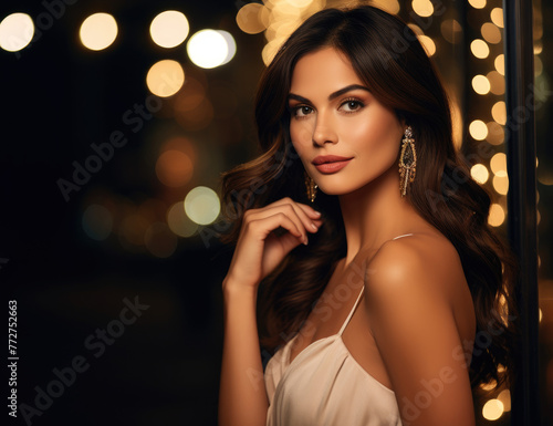 A photo of an attractive woman with long dark brown hair, wearing gold jewelry and a white dress, posing for the camera at night in front of lights