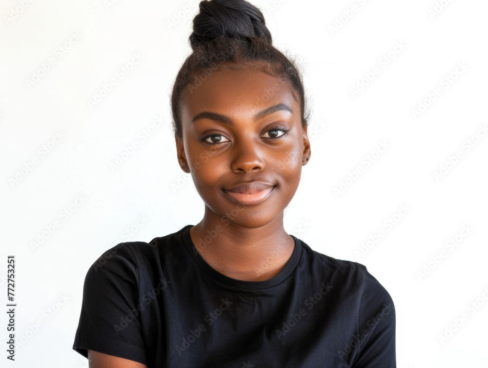 Portrait of lovely teenage girl with dark skin short poses against white background with both arms down dressed in casual black t shirt looks directly at camera. Portrait of lovely teenage girl with dark skin short poses against white background with both arms down dressed in casual black t shirt looks directly at camera.