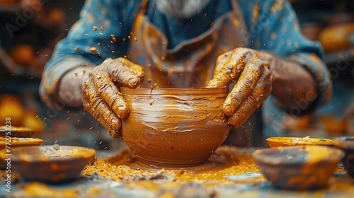 Traditional pottery studio, artist shaping clay, rustic and artistic atmosphere