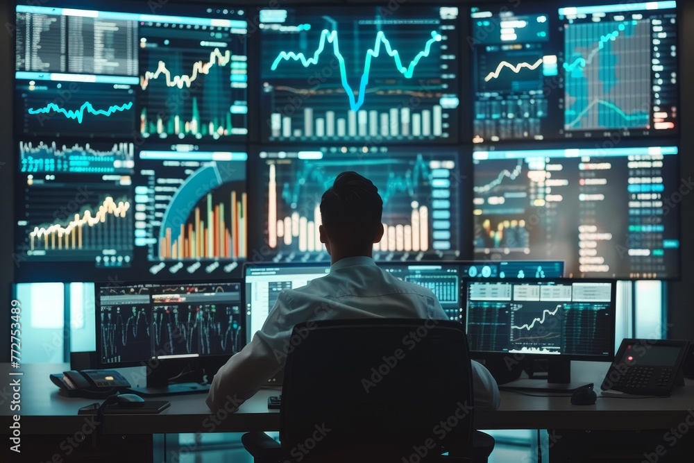 Trader at a modern high-tech workstation with multiple screens displaying live financial market data Trader at a modern high-tech workstation with multiple screens displaying live financial market data