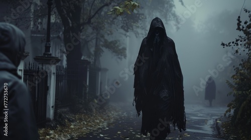 Eerie hooded figure walking in foggy street with leaf-strewn pavement, foreboding presence