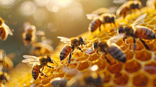 Close up view of the working bees on honeycells photo