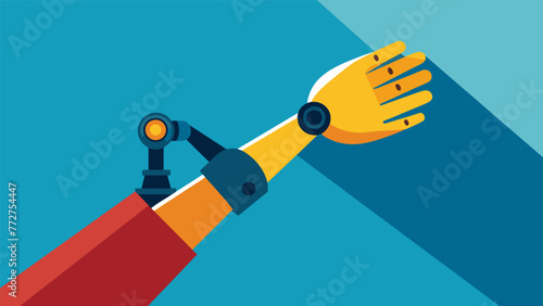 Macro shot of a workers hand wearing a specialized glove used to control a robotic arm during training exercises.