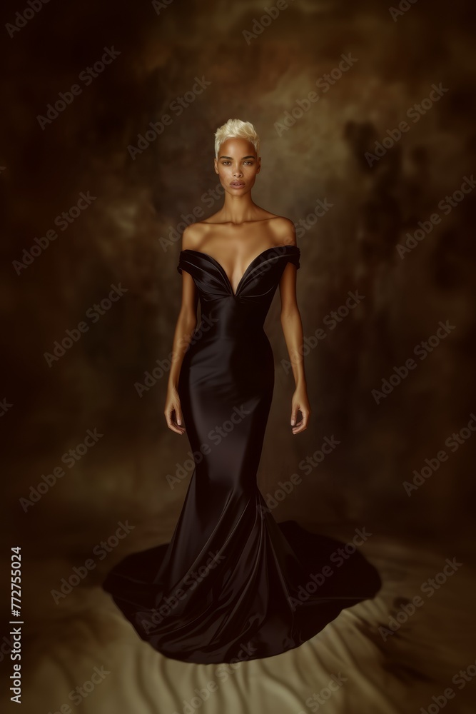 Woman with a short fashionable hairstyle in an evening dress. Fashion and beauty.