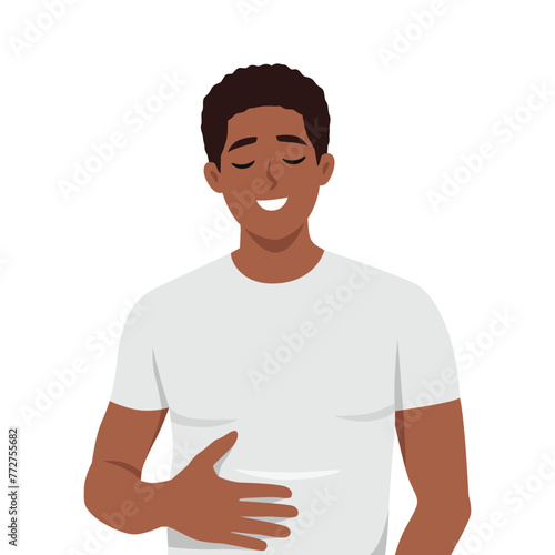 Young happy black man feel very full after eating too much food. Flat vector illustration isolated on white background