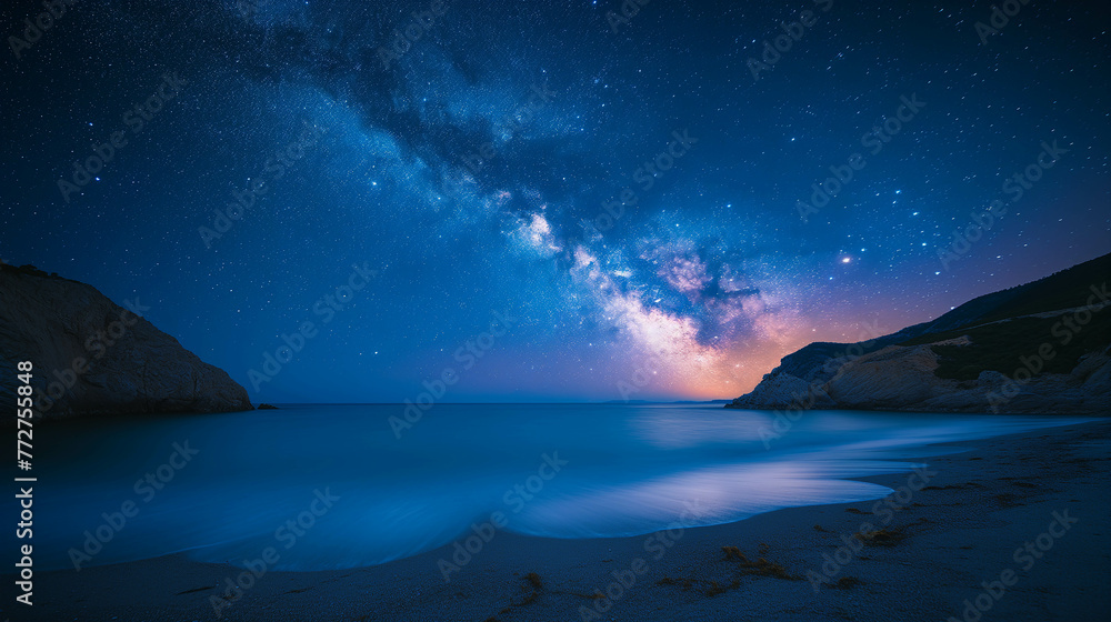 The atmosphere of the sea at night with the stars of the Milky Way shining beautifully at night.