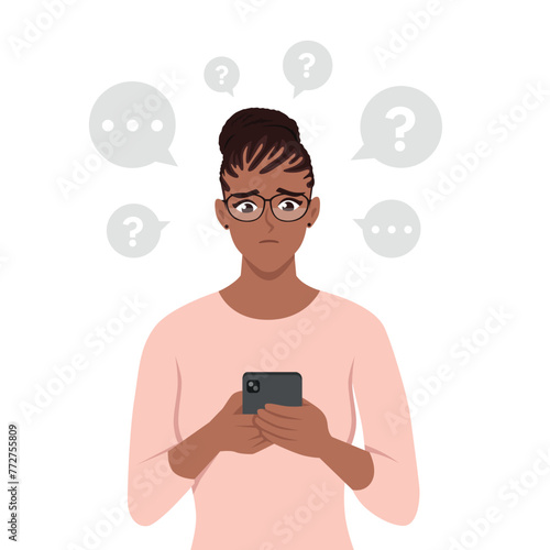 Young woman holding mobile phone with question mark looking up with thoughtful. Flat vector illustration isolated on white background