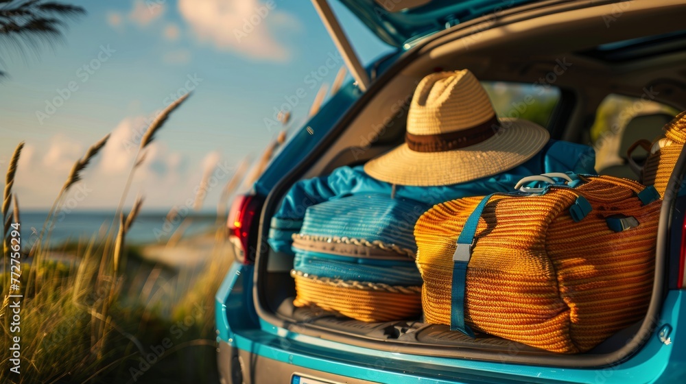 Car trunk full of beach clothes and straw hat on the seashore