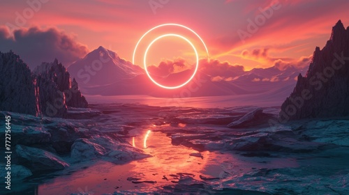The great orange floating circle beyond the river that surrounded with a lot amount of the tall mountains at the dawn or dusk time of the day that shine light to the every part of the picture. AIGX03. © Summit Art Creations