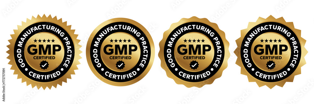 GMP Certified logo. Good Manufacturing Practice Certified Set Badge, Stamp, Icon, Seal, Label, Tag, Emblem For CBD Label Oil and Packaging Design. Vector Illustration