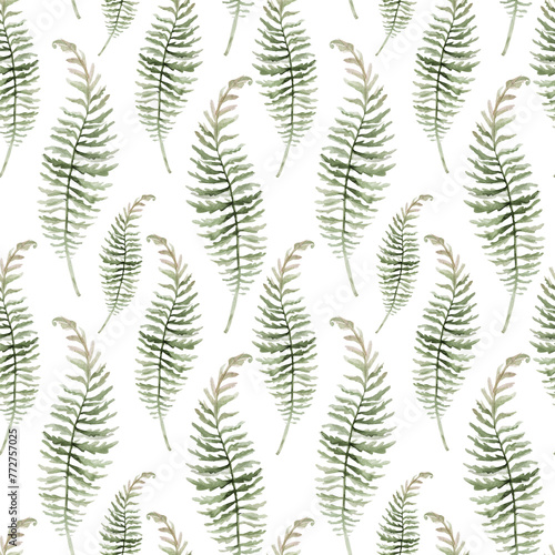 Seamless watercolor pattern with white flowers, berries, fern and leaves. Botanical illustration background fabric