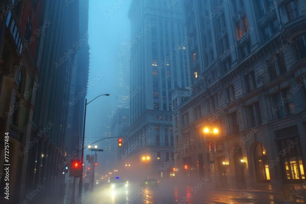 A deserted downtown district engulfed in fog, with tall buildings disappearing into the mist, and the sound of distant sirens echoing through the silent city streets, Generative AI