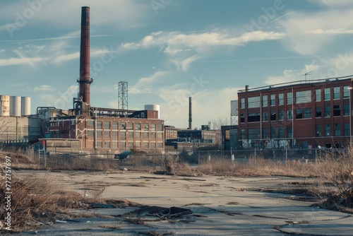 A deserted industrial district with abandoned factories, warehouses, and smokestacks, standing silent and still against the backdrop of a desolate urban wasteland, Generative AI