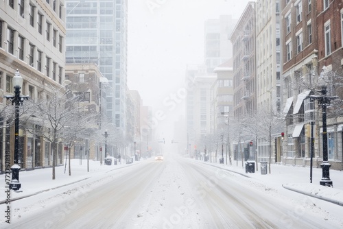 A deserted urban landscape during a snowstorm, with pristine white snow covering the roads, buildings, and sidewalks, creating a serene winter scene, Generative AI