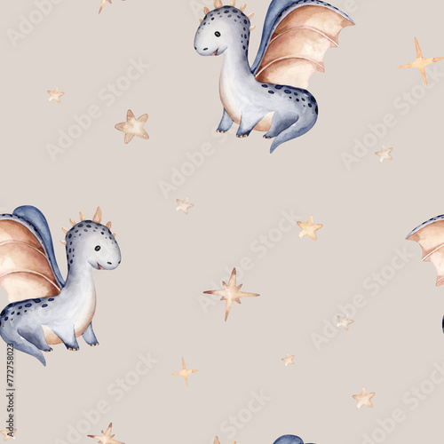Cartoon cute kids sleeping Dragon seamless pattern, childish background
