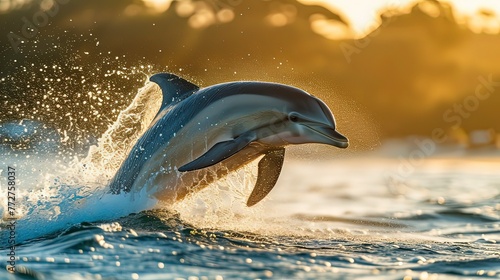 A playful dolphin leaping out of crystal blue waters onto a sandy beach, Generative ai