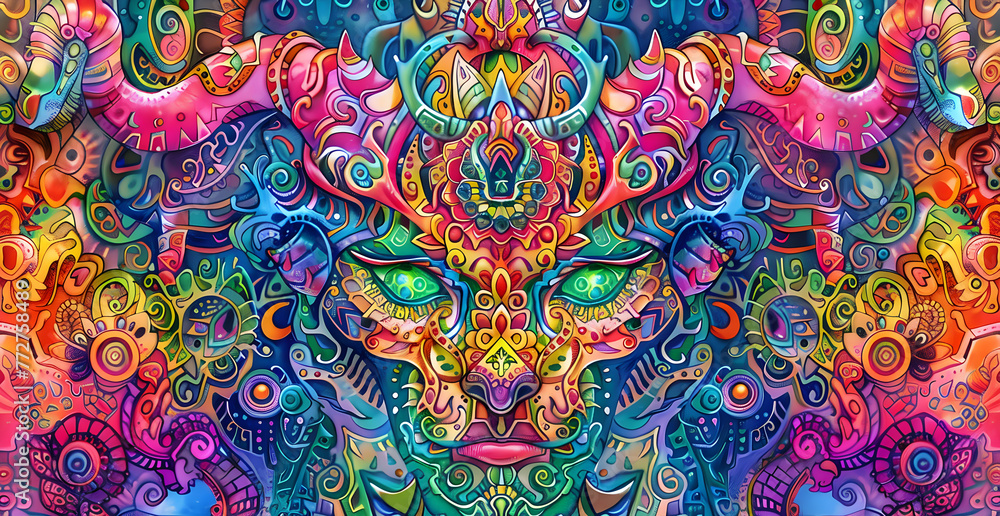 a psychedelic fractal pattern of Maya, Aztec and Inca culture patterns of animals, faces and shapes, full color highres a psychedelic fractal pattern of Maya, Aztec and Inca culture patterns of animals, faces and shapes, full color highres