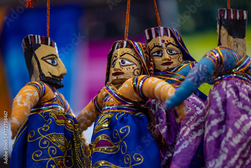 Indian colorful Rajasthani handmade Puppets and Crafts products at jodhpur. Selective focus. photo