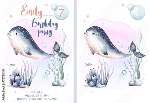 Birthday card and baby shower invitation under the sea theme background template Blue watercolor ocean fish, turtle, whale and coral. Shell aquarium Nautical dolphin marine illustration, jellyfish