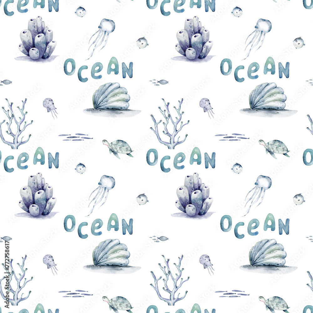 Watercolor seamless pattern with underwater world Bright fish, whale ...