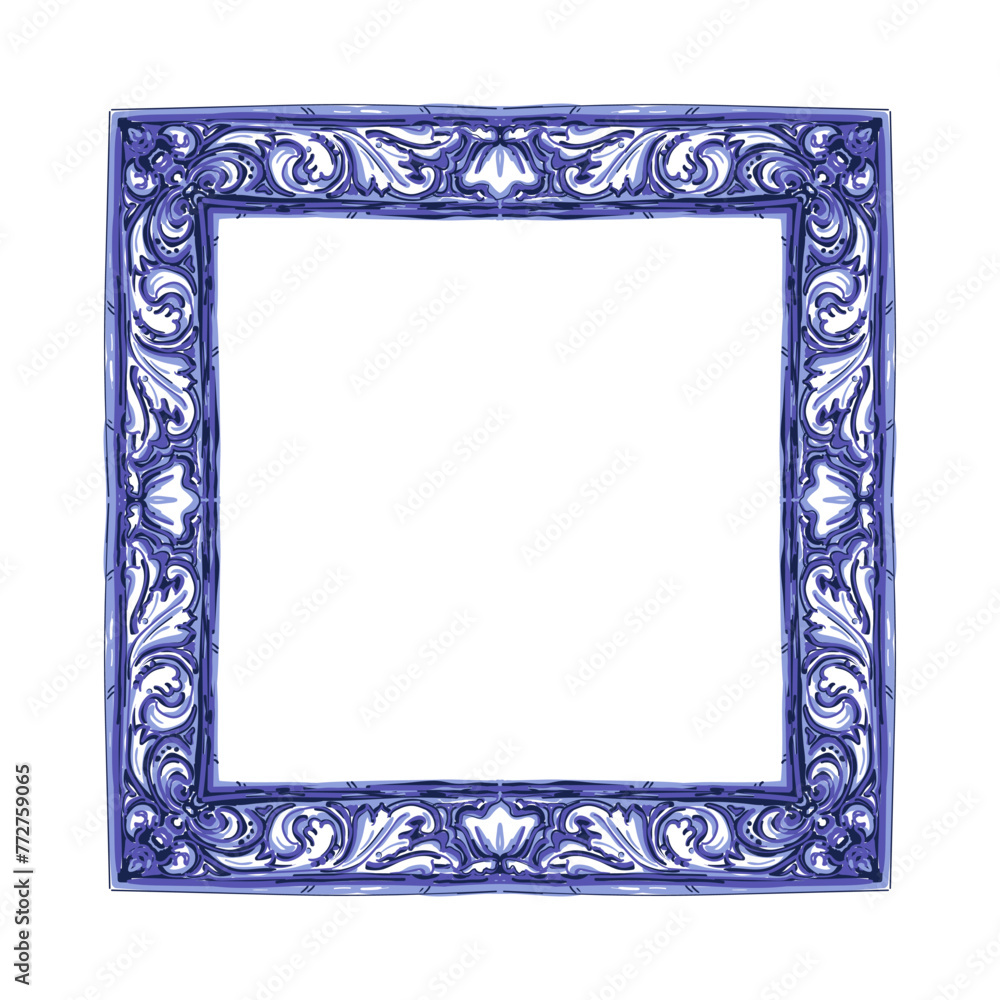 Vector decorative pattern in navy Blue and White design with frame or border. Baroque Vector mosaic. 