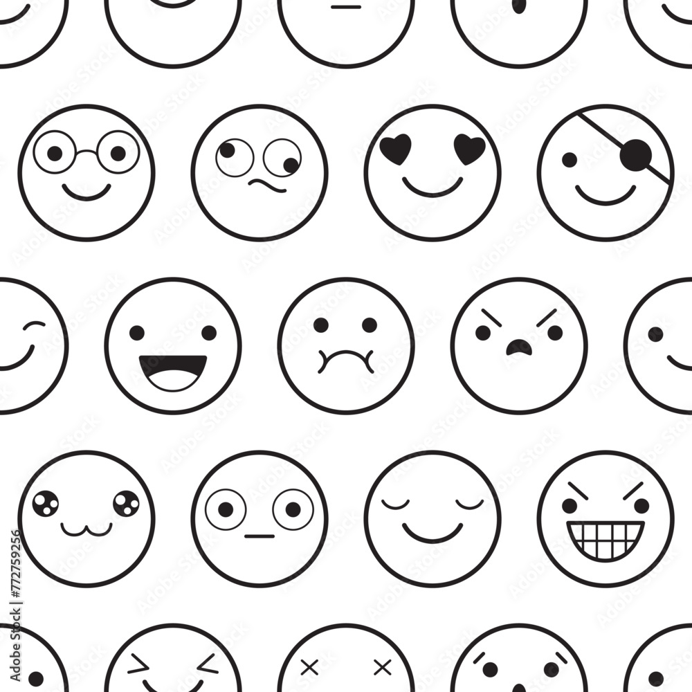 Seamless monochrome black and white pattern with emoticons. Emoji faces in different expression. Endless texture can be used for textile pattern fills, t-shirt design, web page background. Vector EPS8 Seamless monochrome black and white pattern with emoticons. Emoji faces in different expression. Endless texture can be used for textile pattern fills, t-shirt design, web page background. Vector EPS8