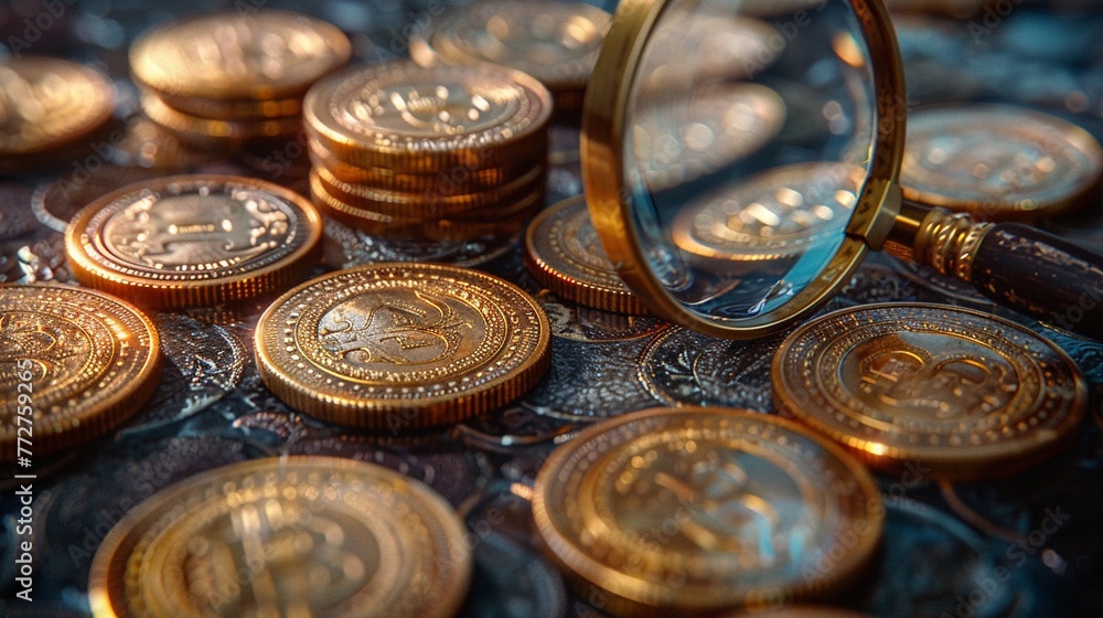 A sleek 3D render of an elegant gold coin collection representing various investments, with a magnifying glass highlighting details A sleek 3D render of an elegant gold coin collection representing various investments, with a magnifying glass highlighting details