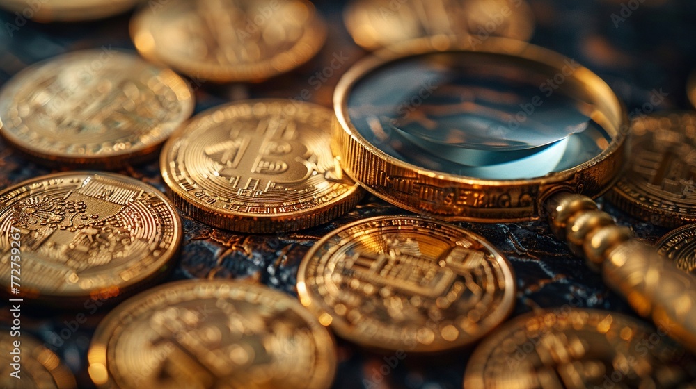 A sleek 3D render of an elegant gold coin collection representing various investments, with a magnifying glass highlighting details A sleek 3D render of an elegant gold coin collection representing various investments, with a magnifying glass highlighting details