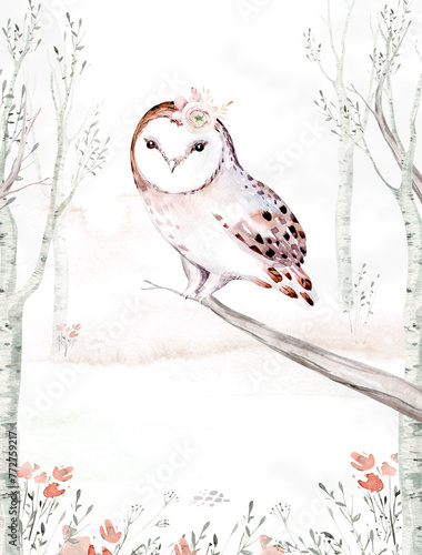 Woodland watercolor cute animals baby owl. Scandinavian owls on forest nursery poster design. Isolated charecter © kris_art