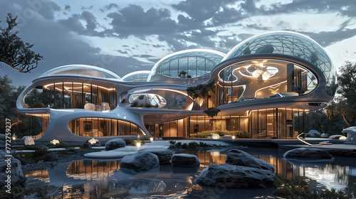 Create a design for a Glass Futuristic Mansion, accentuating fea photo