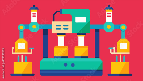 A specialized machine with multiple arms and nozzles used for 3D printing small components in a microfactory. The vibrant colors of the