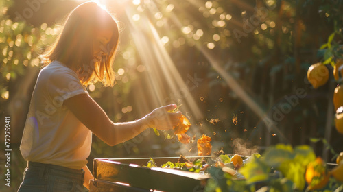 Young woman throwing leftover food in a compost bin in the garden to reduce household waste using a composter photo