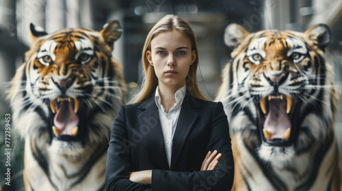 Portrait of a fierce businesswoman with two tigers , tigress business woman photo