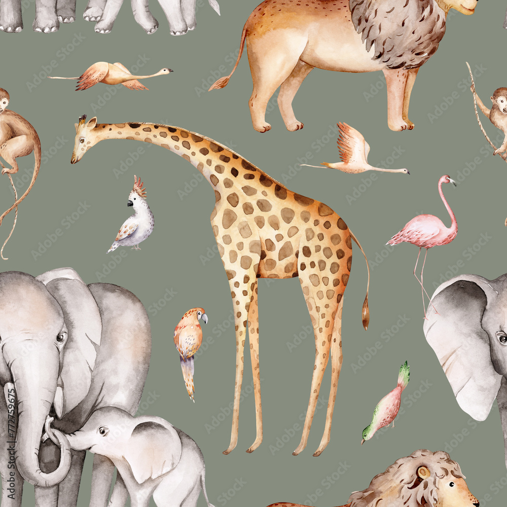 Fototapeta premium Wild animals watercolor seamless pattern with giraffe and elephant, monkey with cockatoo, parrot savannah with palm trees. Repeating background.