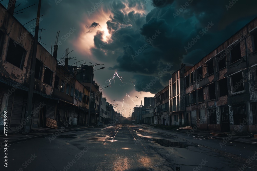 A vacant cityscape during a thunderstorm, with dark clouds looming overhead, flashes of lightning illuminating the empty streets, and the distant rumble of thunder echoing through the deserted alleys,