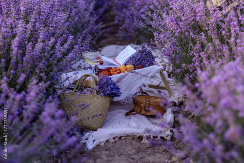 Picnic in a lavender field in Provence. Fantastic summer mood, floral landscape with lavender flowers. Quiet, bright and relaxing natural scenery.