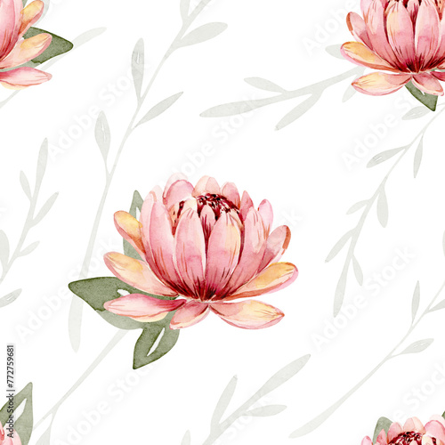 watercolor hand drawn seamless pattern with tropical leaves and flowers