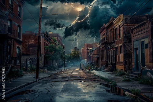 A vacant cityscape during a thunderstorm, with dark clouds looming overhead, flashes of lightning illuminating the empty streets, and the distant rumble of thunder echoing through the deserted alleys, photo